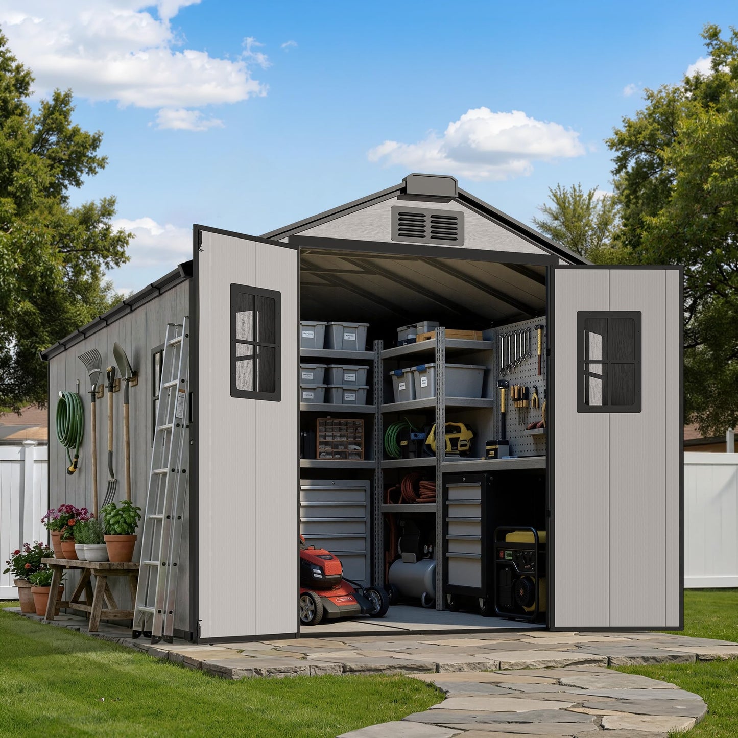 8X12 FT Large Outdoor Storage Shed with Floor, Oversized Waterproof Heavy Duty Resin Garden Tool Shed, Backyard Lawn Sheds with Windows, Lockable Door and Vents for Patio Outside