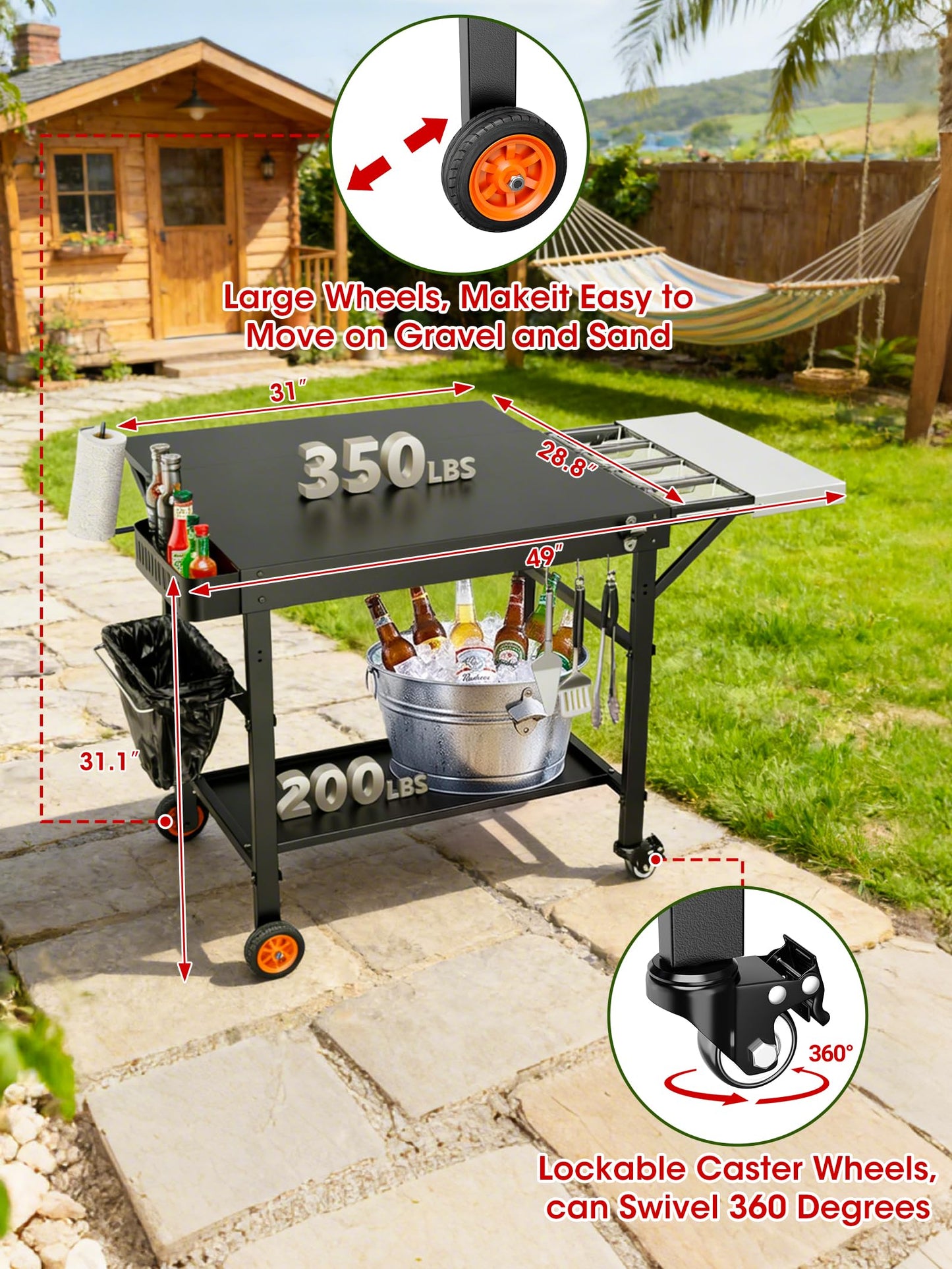 Outdoor Pizza Oven Table, Movable Grill Side Table, Expansive Countertop Pizzas Oven Accessories, Pizzas Stands for Party with Wheels, Fits Ooni Blackstone Ninja Cuisinart Gozney