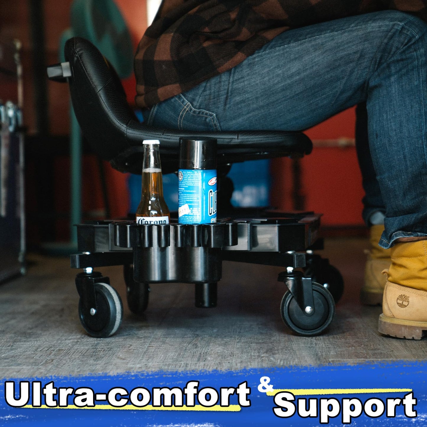 FREEKYROCK Rolling Stool with Wheels, Adjustable Height Pneumatic Garage Work Mechanic Stool Seat with Backrest, 400 LBS Capacity 360° Swivel Mechanic Crepper Chair with Tool Tray Storage, Blue