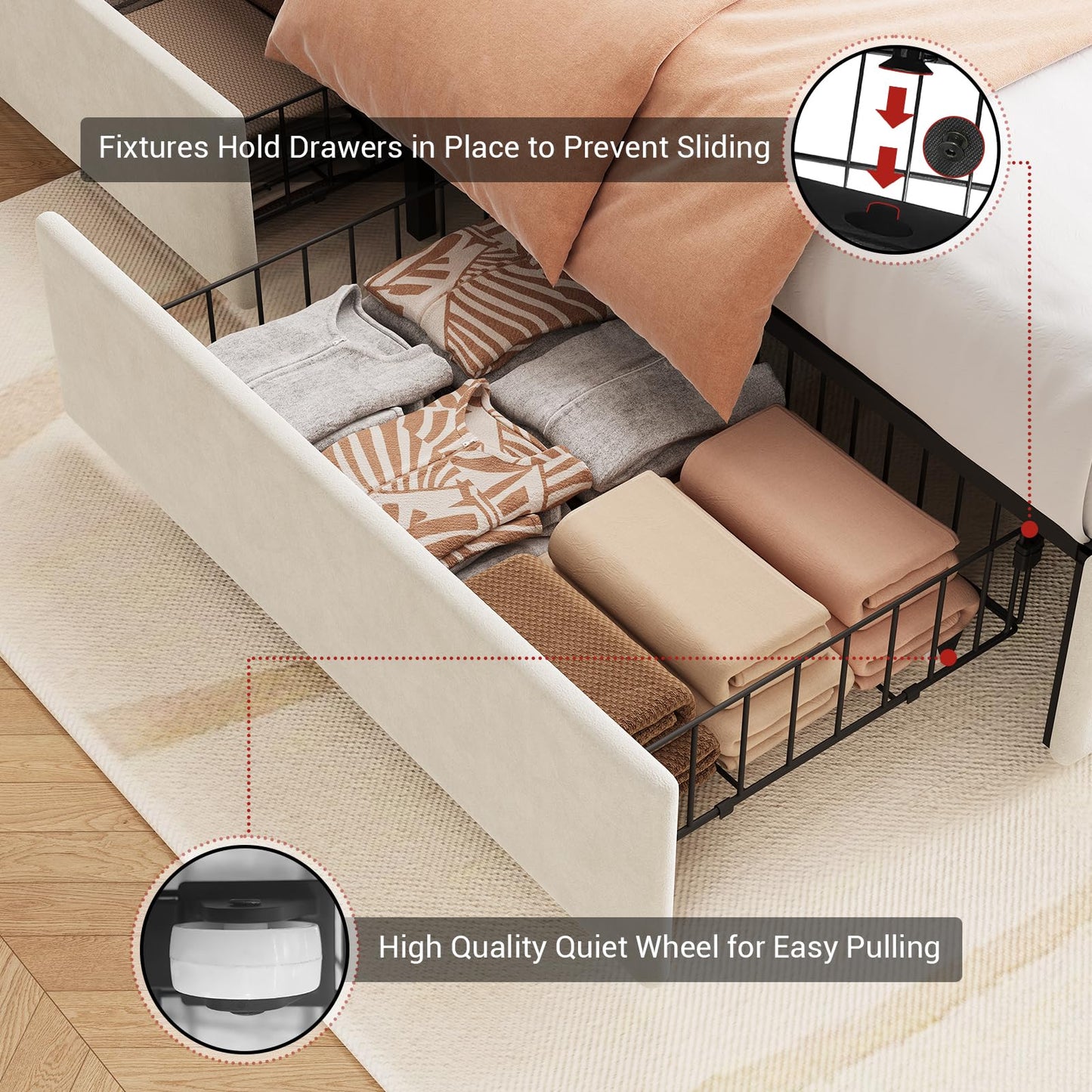 Full Upholstered LED Bed Frame with 4 Storage Drawers, Full Size Bed Frame with RGB LED Lights, Velvet Platform Bed Frame with Wingback Headboard, No Box Spring Needed, Noise Free, Easy Assembly