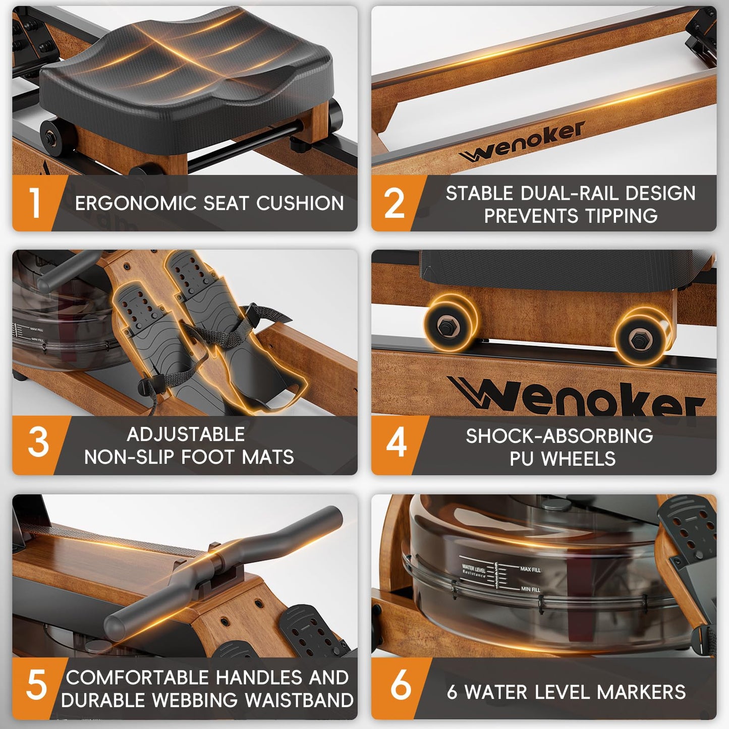 WENOKER Water Rowing Machine for Home Use, Wooden Foldable Rower Machine with Adjustable Monitor & Bluetooth APP, Large Water Tank & Comfortable Seat for Immersive Water Rower, 350LBS Weight Capacity