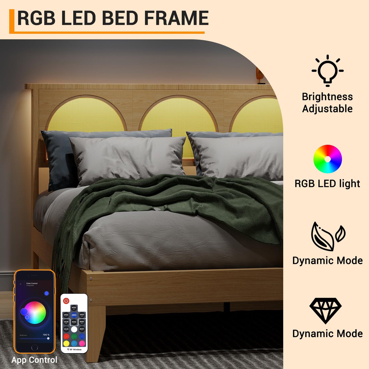GarveeLife Rattan Bed Frame with Headboard, Wooden Platform Bed Frame Queen Size with Smart RGB LED Storage Headboard, Boho Wood Bed Frame No Box Spring Needed, Under Bed Storage, Easy Assembly