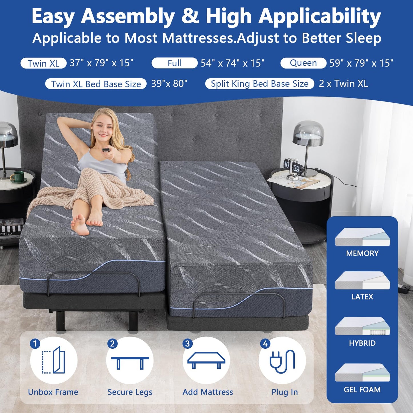 Vipbear Twin XL Adjustable Bed Base with Mattress, 12 Inch Grey Gel Memory Foam Medium-Firm Mattress in Box, Adjustable Bed Frame with Wireless Remote, 0 Gravity/Anti-Snore, Electric Smart Bed