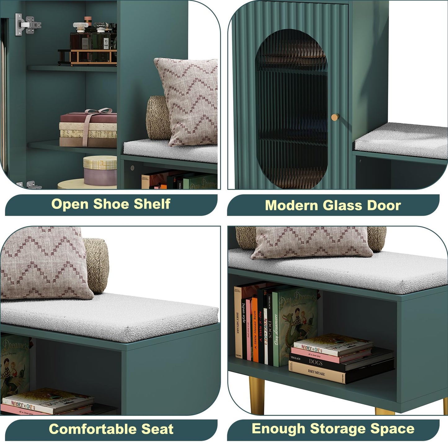 HLR Storage Bench Set of 2, Green Modern Entryway Shoe Cabinet Bench with Glass Door&Shelf, L-Shaped Storage Cabinet with Padded Seat for Hallway, Bedroom, Living Room, Office