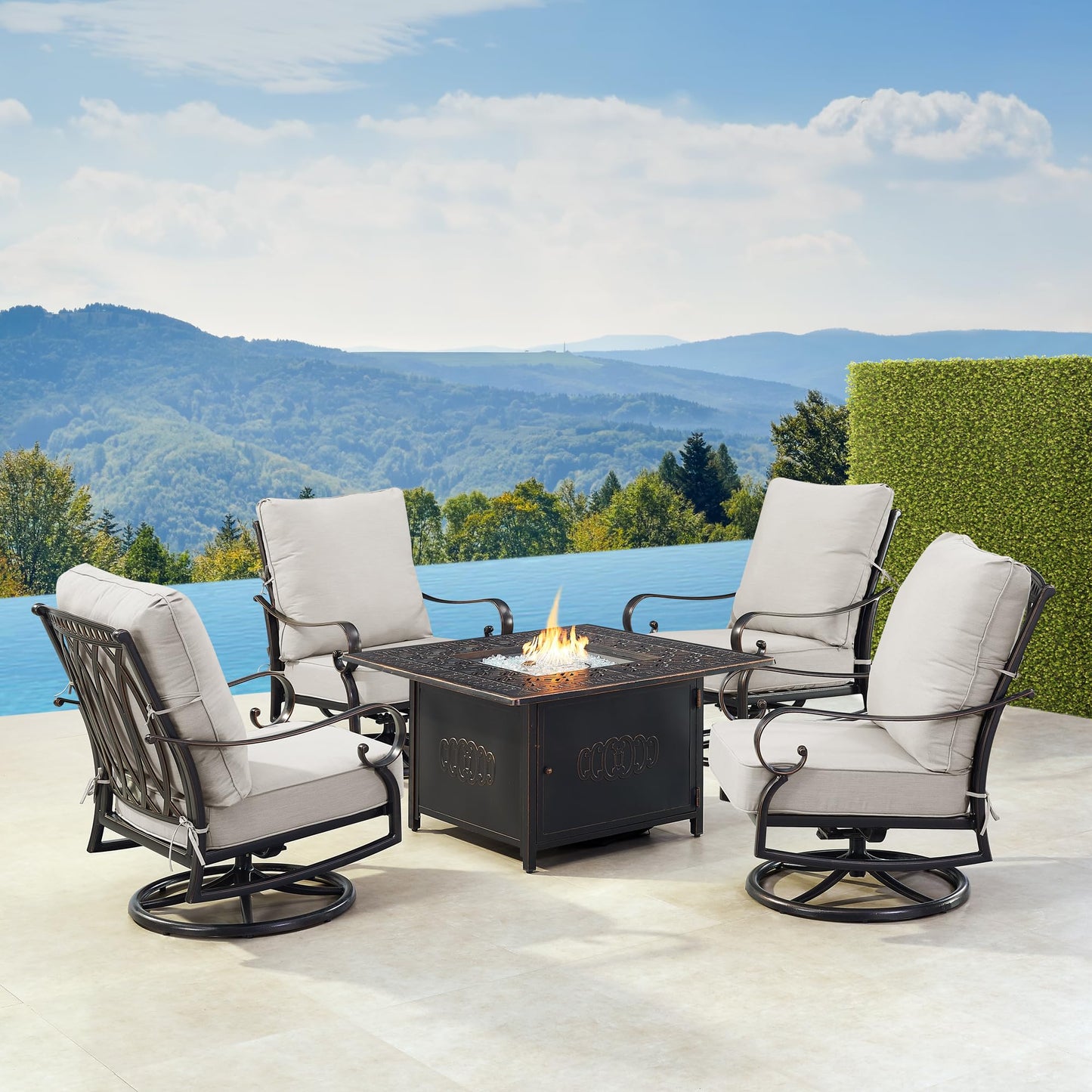 Oakland Living Black Aluminum Patio Fire Table Set with Four Club Chairs, Cushions and Wind Blocker