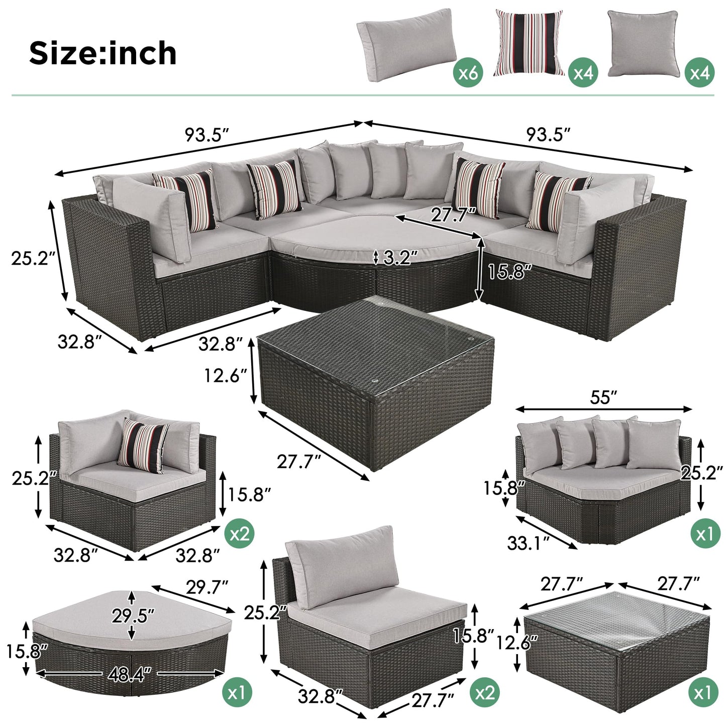 Merax 7 Pieces Outdoor Patio Furniture, 6 Seat Wicker Sectional Lounger Sofa Chair Set with Table, All Weather Rattan Conversation Sleeper Couch Bed Sets for Garden Poolside, Cushions & Pillows, Beige