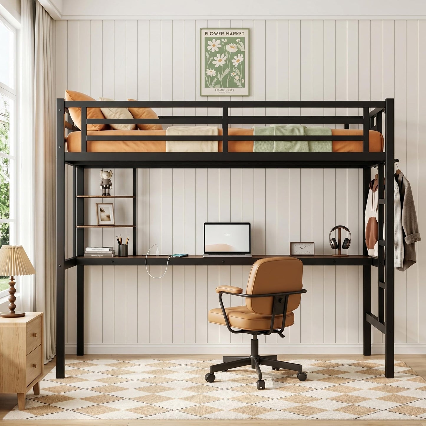 MAKIAAP Twin XL Size Metal Loft Bed with Desk & Ladder, LED Lights & Charging Station, Sturdy Noise-Free Frame for Kids, Teens & Adults, 350LBS, Space-Saving Design (Black, Twin XL)