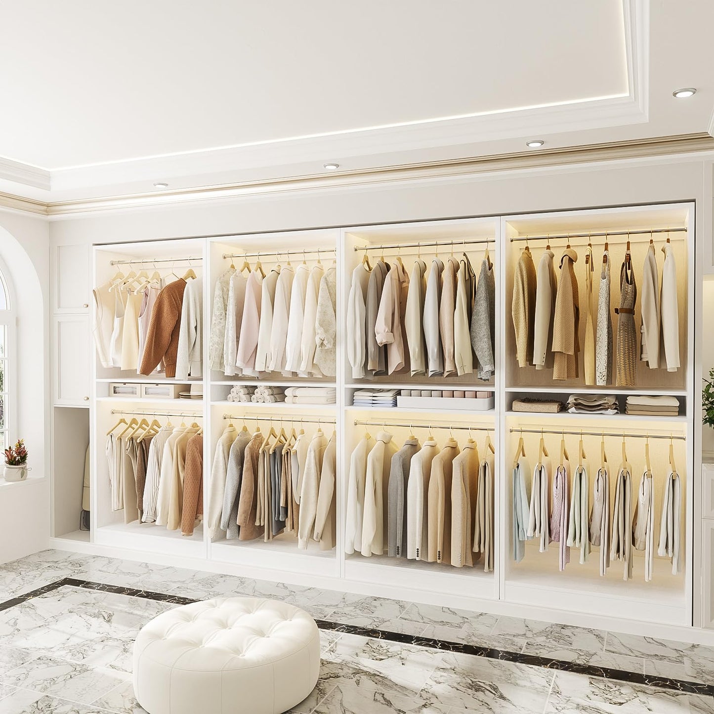 Unikito 12FT Modular Closet System with 8 Hanging Rods, 2800LBs Wood Garment Rack, 4-Pieces Ultra-Wide Walk-in Closet Organizer, Freestanding Clothing Shelves, White