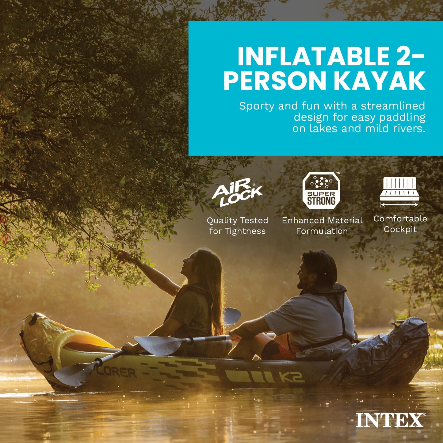 Intex 2-Person Inflatable Kayak Set w/ Pump, Aluminum Oars, Adjustable Seats, Explorer K2 - Tandem Blow-up Raft for Adults, Great for Lakes or Rivers