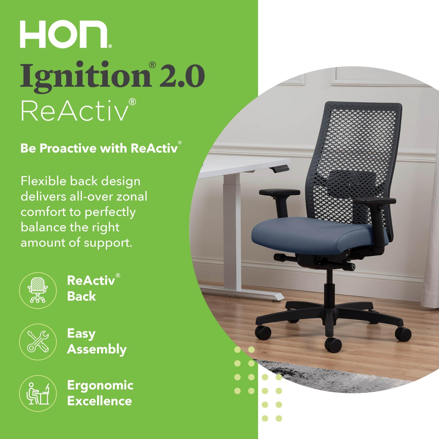 HON Ignition 2.0 ReActiv Ergonomic Office Chair, Mesh Desk Chair with Lumbar Support, Advanced Synchro‑Tilt, Height and Width Adjustable Arms, Swivel Wheels, Black Frame, Ocean
