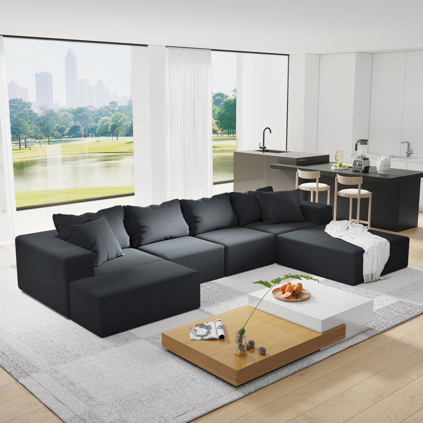 Oversized Boneless Modular Sectional Sofa Cloud Couch for Living Room - Convertible 6 Seater Chenille Couches Set with Ottoman, No Assembly Floor Compression Sofa with Memory Foam