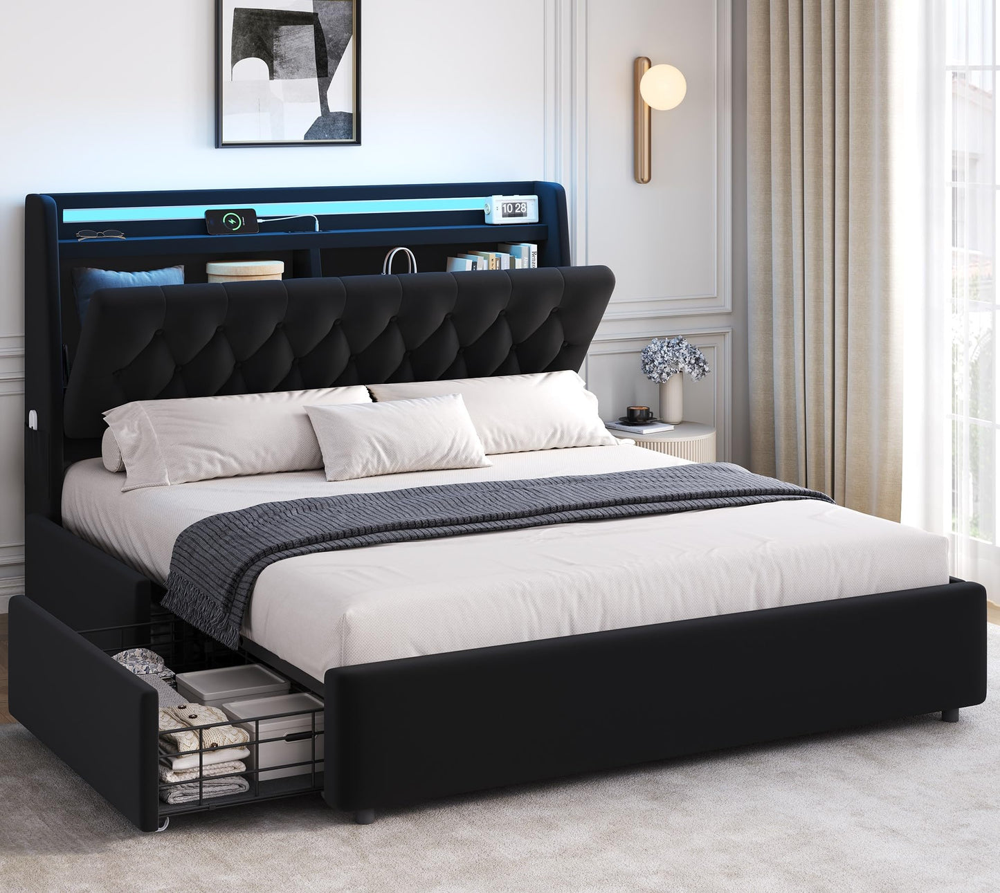 Full LED Velvet Bed Frame with 2 Storage Drawers&Hidden Headboard, Upholstered Platform Bed with Charging Station&Button Tufted Design, Wooden Slats Support, Box Spring Optional, Easy Assembly, Black