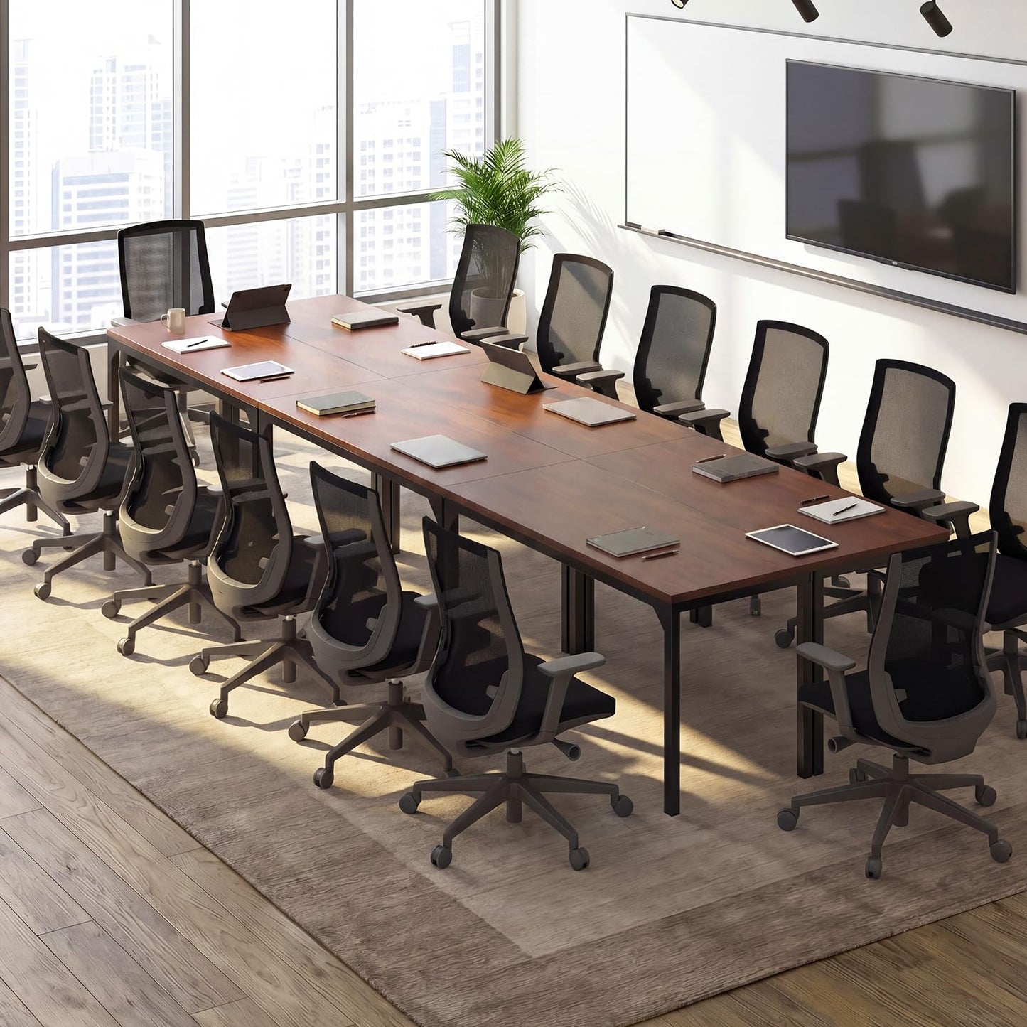Giantex Conference Table, 9.2 ft x 4 ft Large Meeting Table, Rectangular Computer Desk with Strong Metal Frame for 10-12 People, Modern Seminar Table for Office Conference, Brown (4)