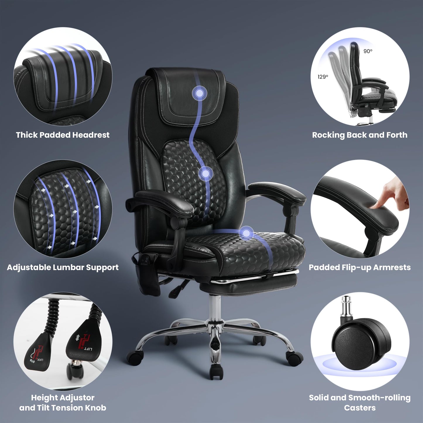 MALOL Massage Office Chair with Heat and Footrest - 3-Level 65°C Targeted Heating, 20-Min Assembly Leather Desk Chair, Big and Tall Executive Computer Chair with Side Pocket, 300 lbs, Black,Set of 2