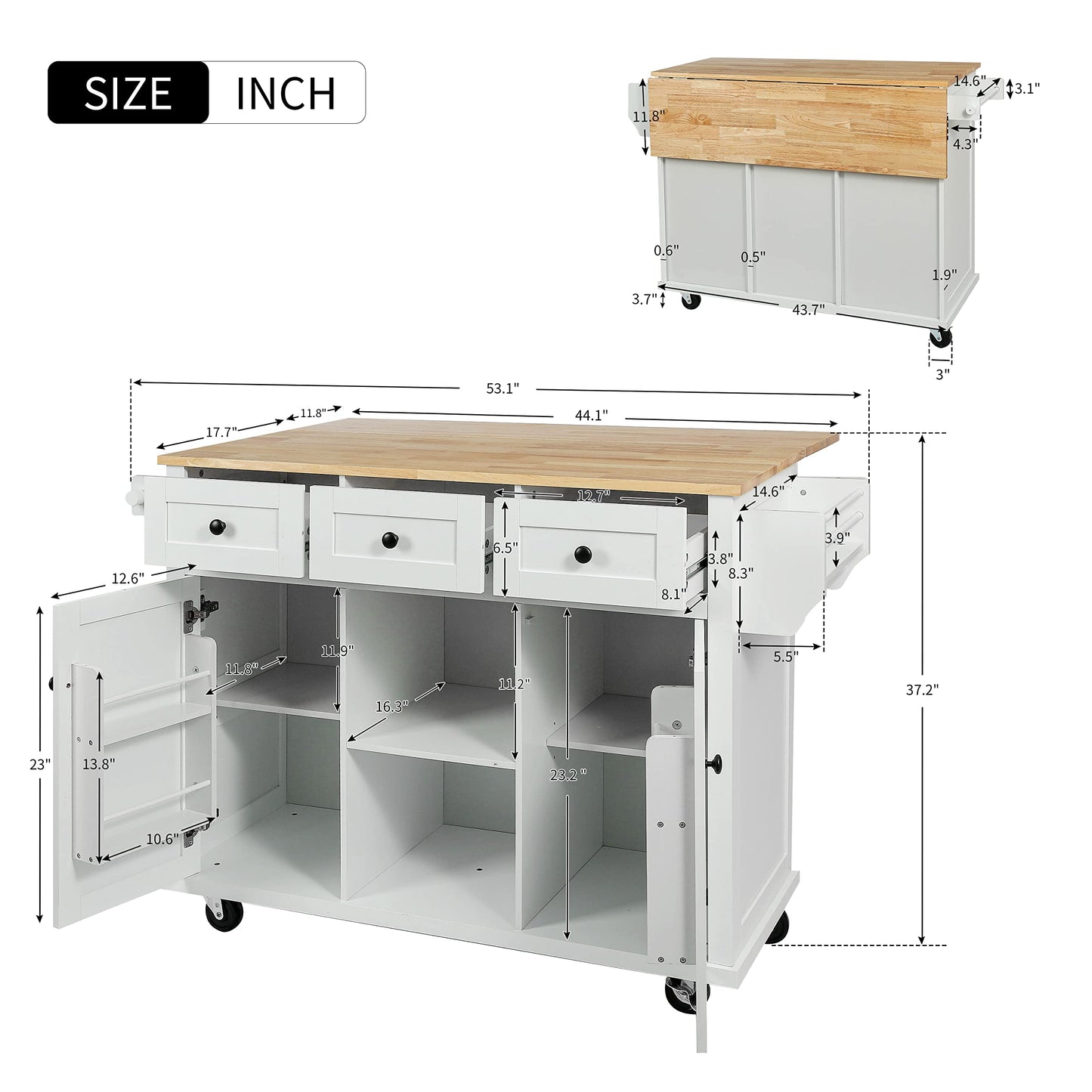 Favfurish Multipurpose Kitchen Cart Cabinet with Rubber Wood Drop-Leaf Countertop,Internal Storage Cabinet Racks W/ 5 Wheels & 3 Drawers for Dining Room, Home,Bar,White