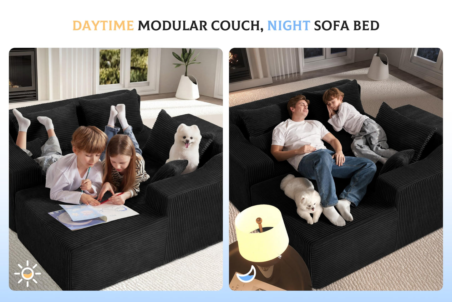 HABUTWAY 105" Modular Sectional Couches for Living Room, Boneless Couch with L-Shape Chaise,Comfy Sofa Living Room Sofas with Deep Seat,No Assembly, Corduroy Fabric(Black,Right)