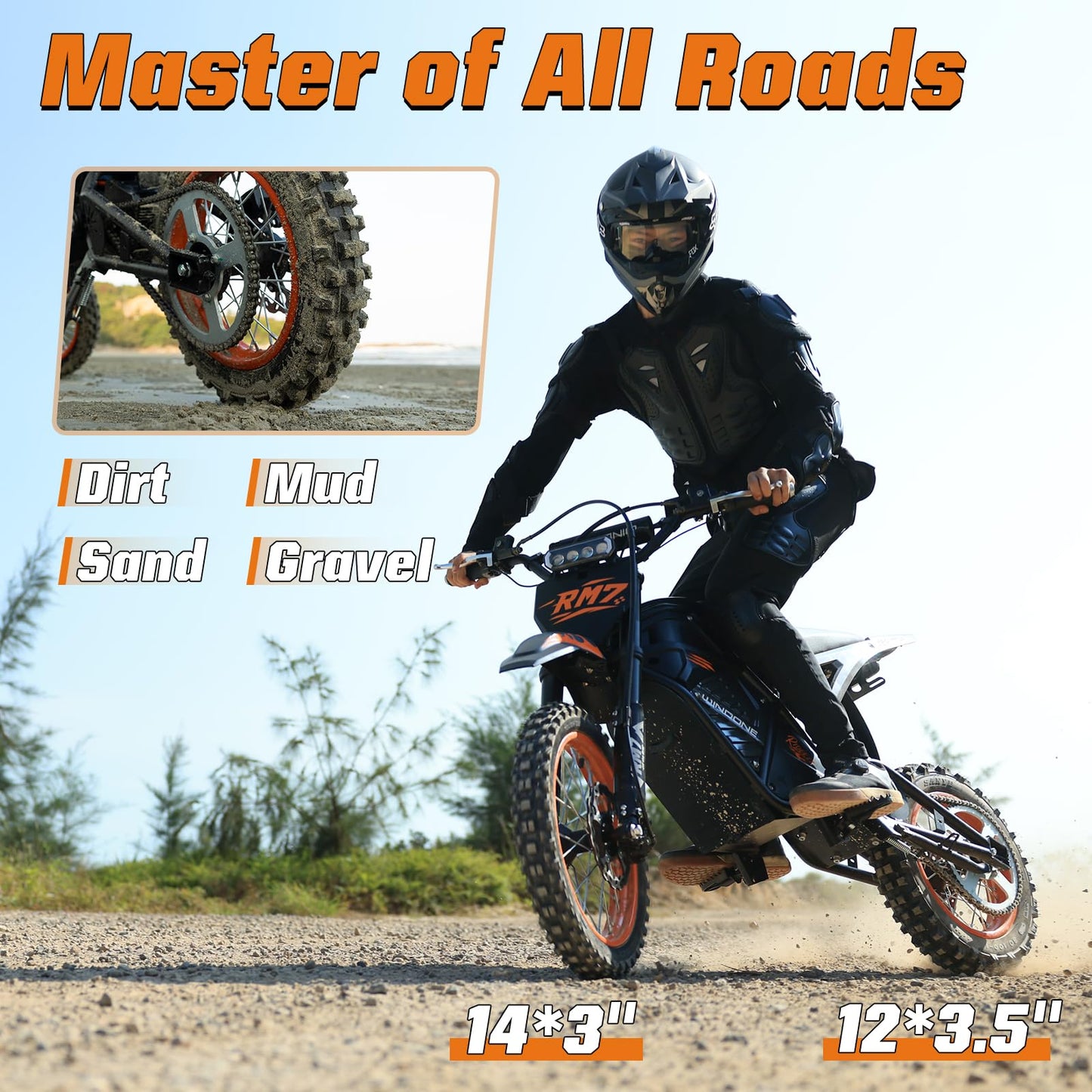 WindoneRide RM7 Electric Dirt Bike for Adults & Teens, 2200W Peak Ebike, 48V 22.5Ah, 37 MPH, 45 Miles, 14"/12" Tire Off-Road Electric Motorcycle, Dual Hydraulic Brakes, Fit Age 13+,Obsidian Black