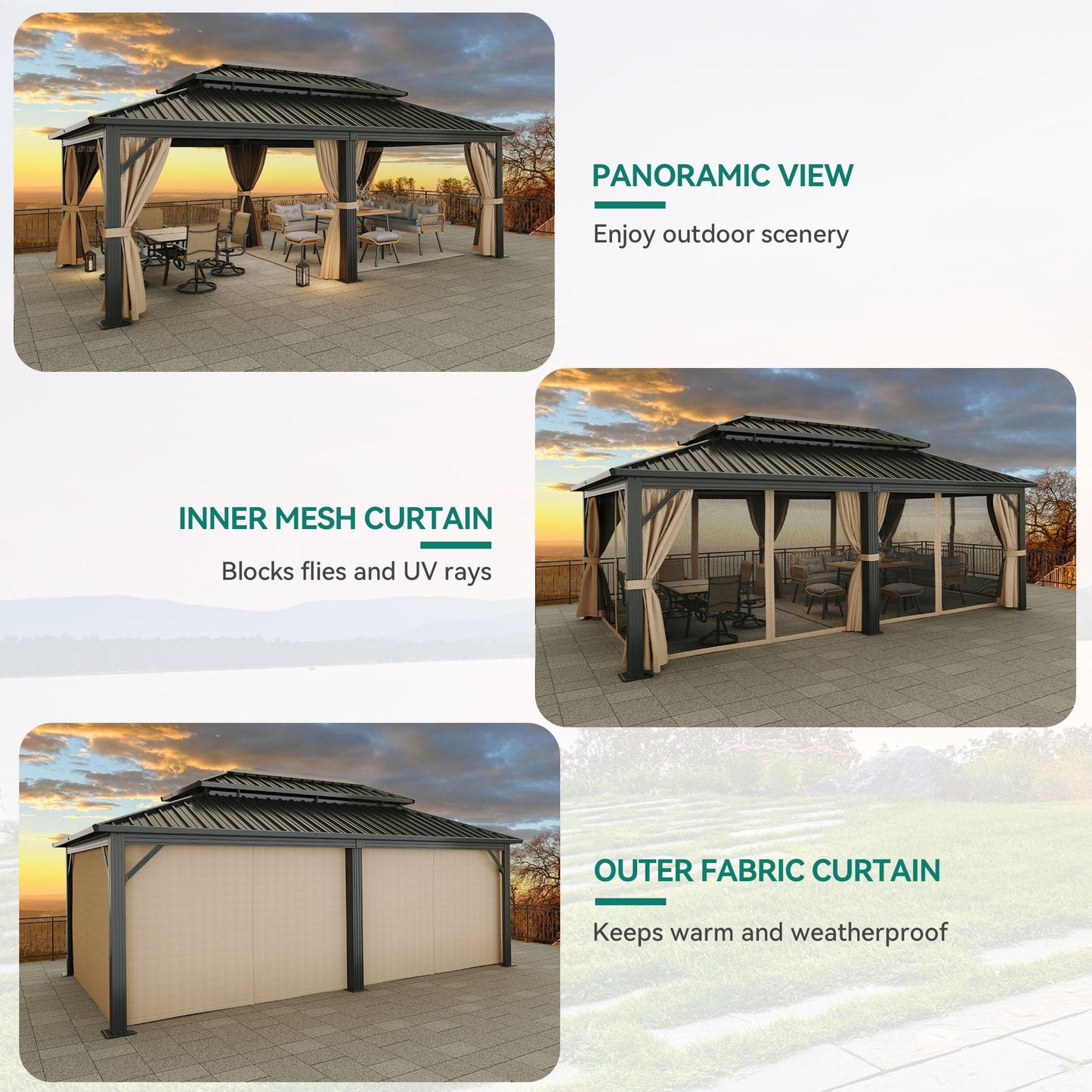 YITAHOME 12X20FT Gazebo Hard Top Patios Double Roof Aluminum Frame Garden Gazebo Tent Curtains Netting for Patios Backyards Decks Lawns Brown