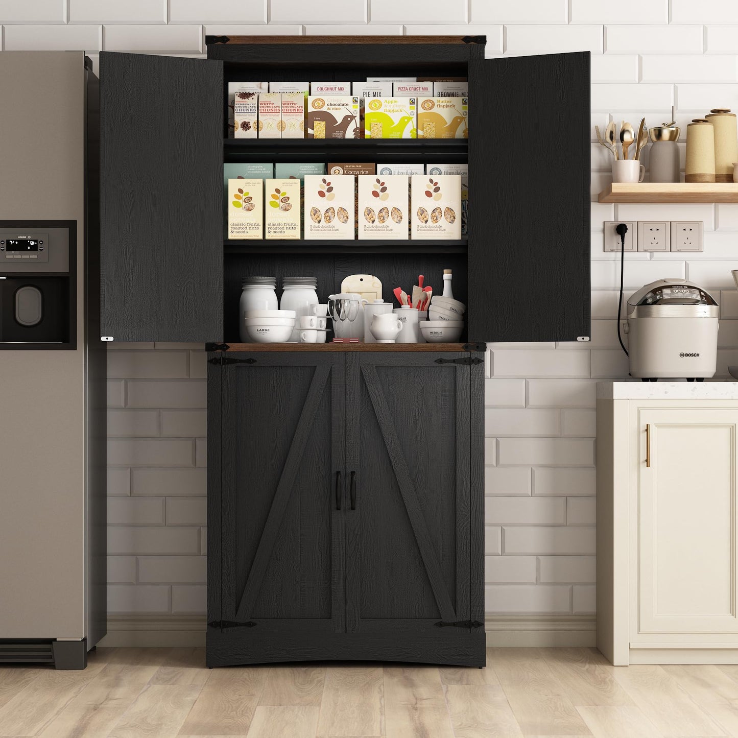 Hlivelood 71" Tall Kitchen Pantry,Farmhouse Storage Cabinet with Adjustable Shelves,Load-Bearing Steel Pipe,Farmhouse Pantry Cabinet with 4 Barn Doors,for Kitchen,Dining Room,Living Room(Black)