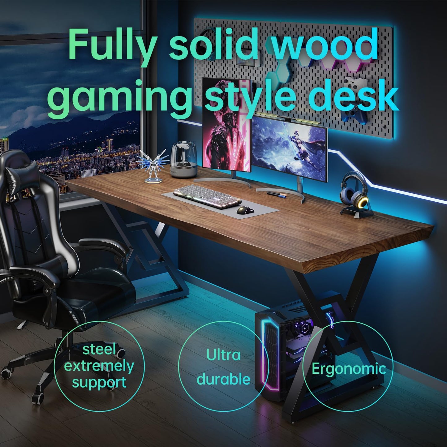 jmzx store Solid Wood Rustic Style 55.1-inch Computer Desk - Large Office Desk for Home Office (Black-w, 55.12 * 27.56 * 29.53)