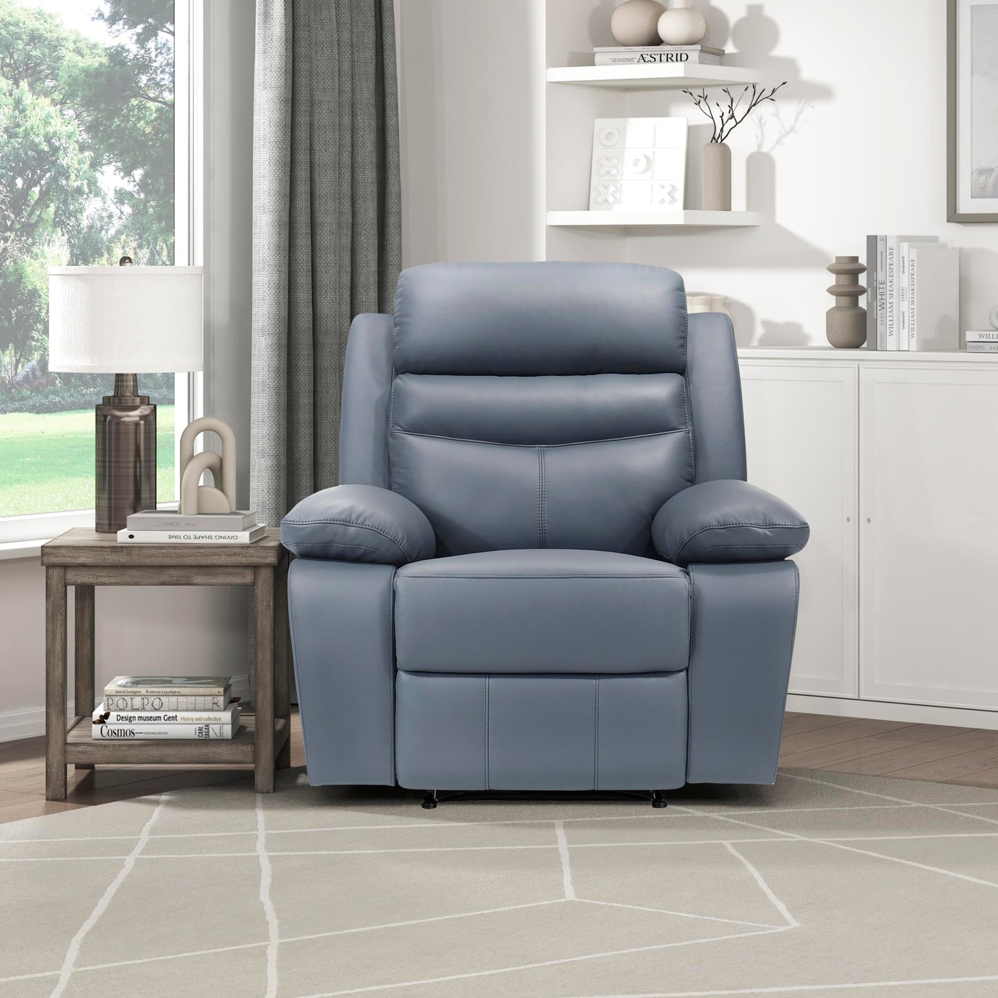 Lexicon 41" W Manual Reclining Chair, Top Grain Leather Match Recliner, Home Theater Seating, Wall Hugger Recliner, Manual Reclining Sofa Chair for Living Room/Office/Apartment, Blue