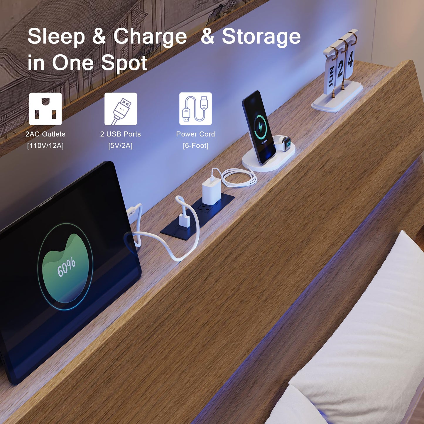 Einhomn Floating Bed Frame Full with Led Lights and Charging Station, Full Size Platform Bed Frame w/Storage Headboard, Heavy Slats Support, No Box Spring Needed, Noise Free, Easy Assembly, Walnut