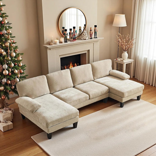 VINGLI 110" Sectional Couches for Living Room,U Shaped Couch with Double Chaise, 4-Seat Sofa Set with Chenille Fabric for Home Furniture,Light Khaki