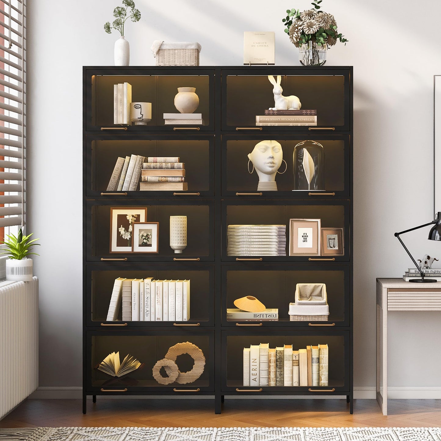 Merax 76.75'' Black Steel 5 Shelf Bookcase with Dustproof Glass Doors, Tall Iron Collection Books Display Cabinet with LED Lights, Modern Curio Bookshelf for Living Room, Home Office, Studio