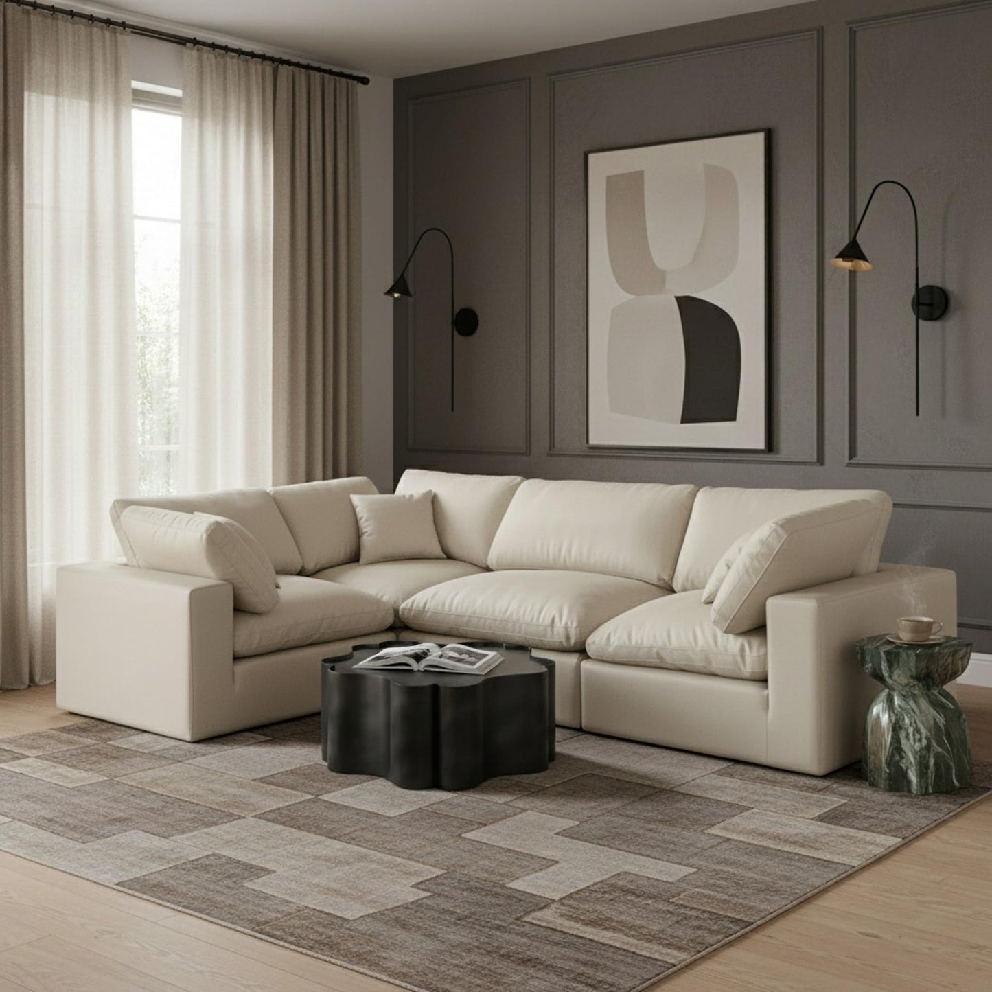 Meridian Furniture 188Cream-Sec4C Comfy Collection Modern | Contemporary Upholstered Modular Sectional, Soft Cream Vegan Leather, Fiber-Filled, 119" W x 80" D x 34.5" H, Cream
