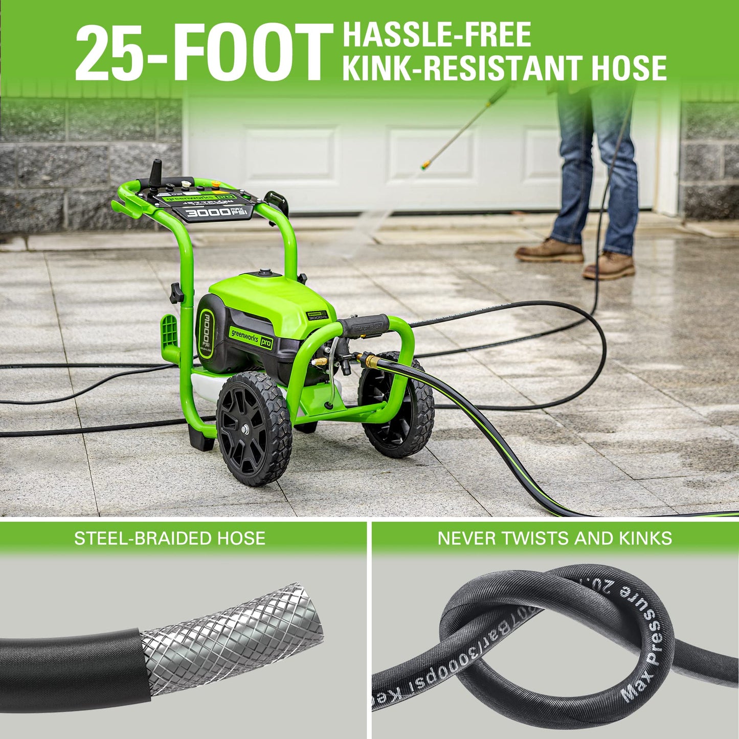 Greenworks 3000 PSI (2.0 GPM Max) Brushless Electric Pressure Washer (15°, 25°, 40°, Soap, and Turbo Nozzle) For Use On Decks, Fences, Driveways, Sidewalks, Siding & More. Heavy-Duty
