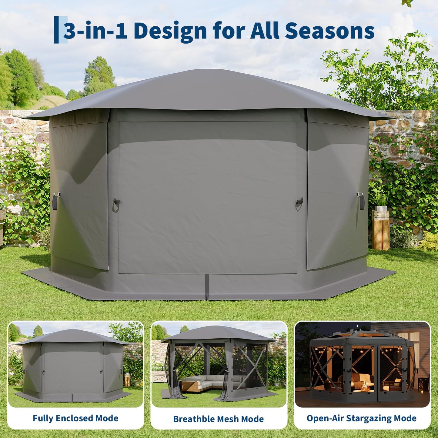 Garvee 12FT Pop-Up Gazebo 6-Sided, Outdoor Canopy Tent with Mosquito Netting, Removable Canopy Top & Wind Cloths for Camping, Backyard Parties, Outdoor Events, Grey