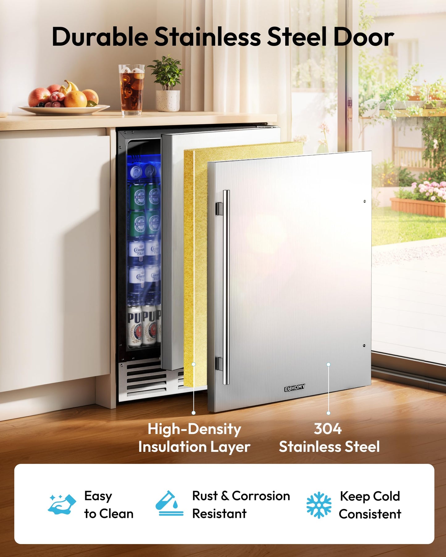 EUHOMY 24 Inch Beverage Refrigerator, Undercounter Beverage Fridge 180 Can with Stainless Steel Door for Home Patio, Beverage Cooler Built-in or Freestanding, outdoor refrigerator for Soda Beer Wine