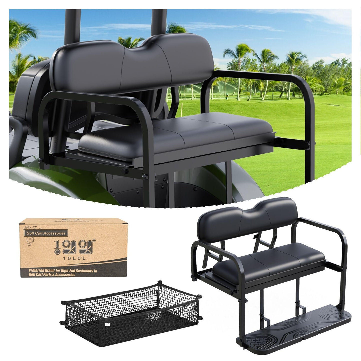 10L0L Rear Flip Folding Seat Kit for Yamaha Drive2 2017-Up Golf Cart, Steel Frame Rear Back Seat with Flip Cargo Deck Platform, Black