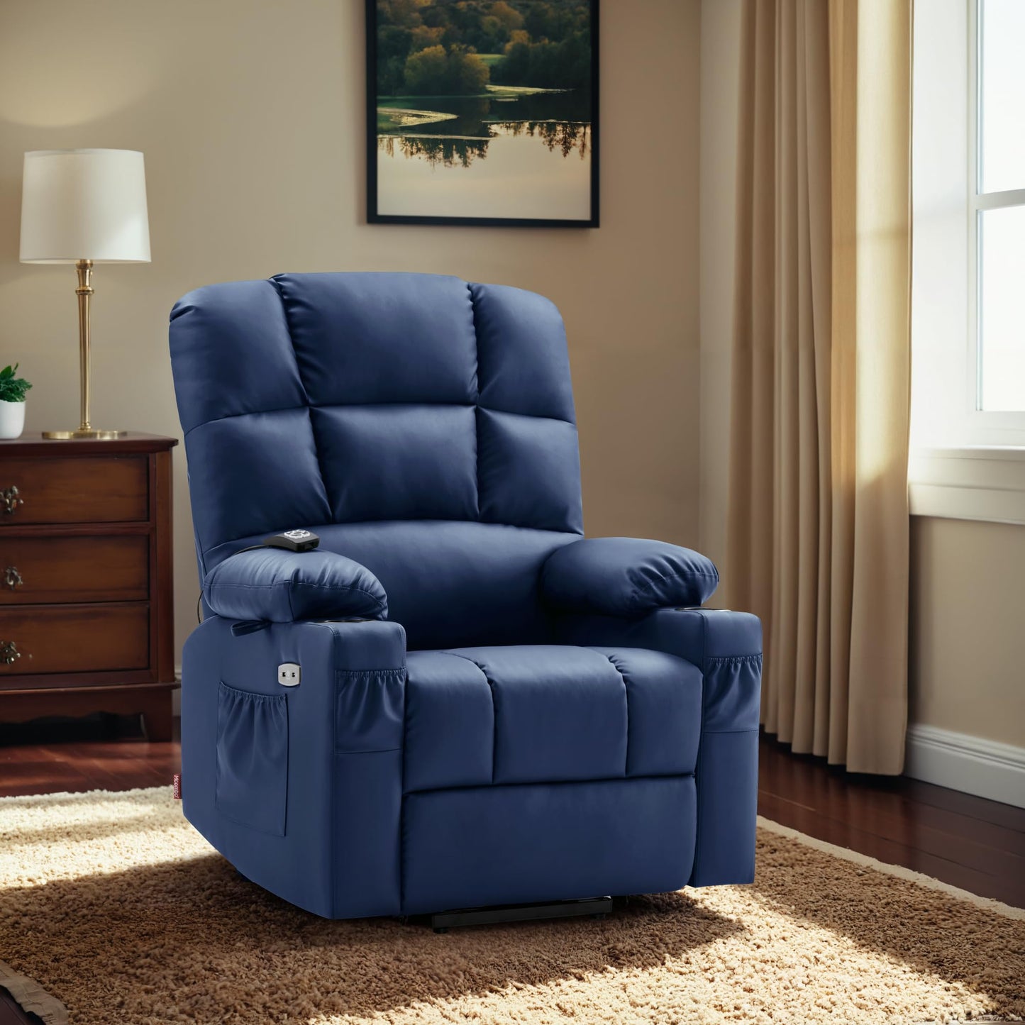 MCombo Dual Motor Power Lift Recliner Chair for Elderly, Massage and Heat, Lay Flat, Zero Gravity, Home Button, USB Port, Faux Leather 7680 (Navy Blue, Large)