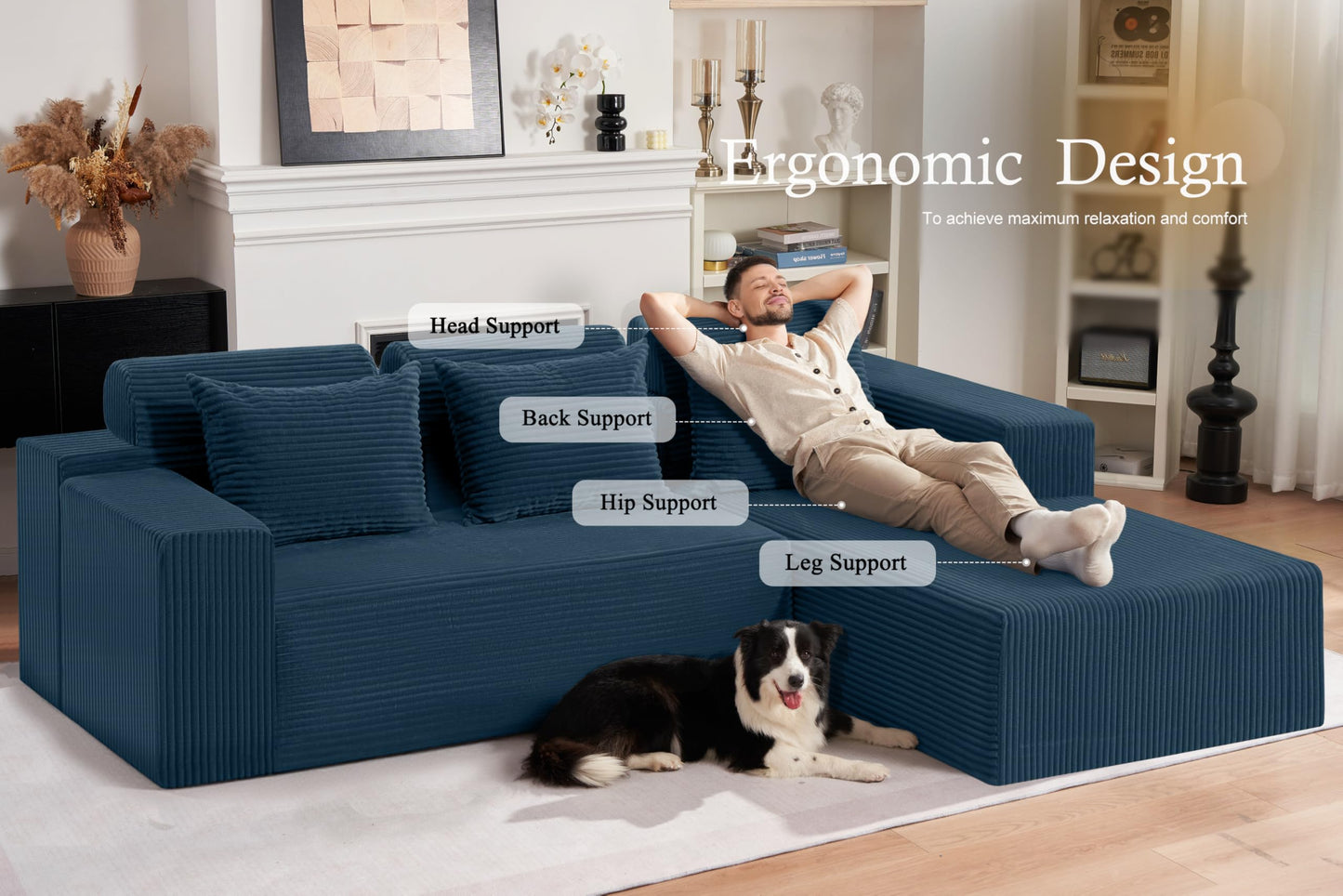HABUTWAY Sectional Couches for Living Room,No Assembly L Shaped Couch 105" Modular Sectional Sofa Couch with Deep Seat,Cloud Couches Furniture Sets for Apartment,Corduroy (Blue, Right Facing)