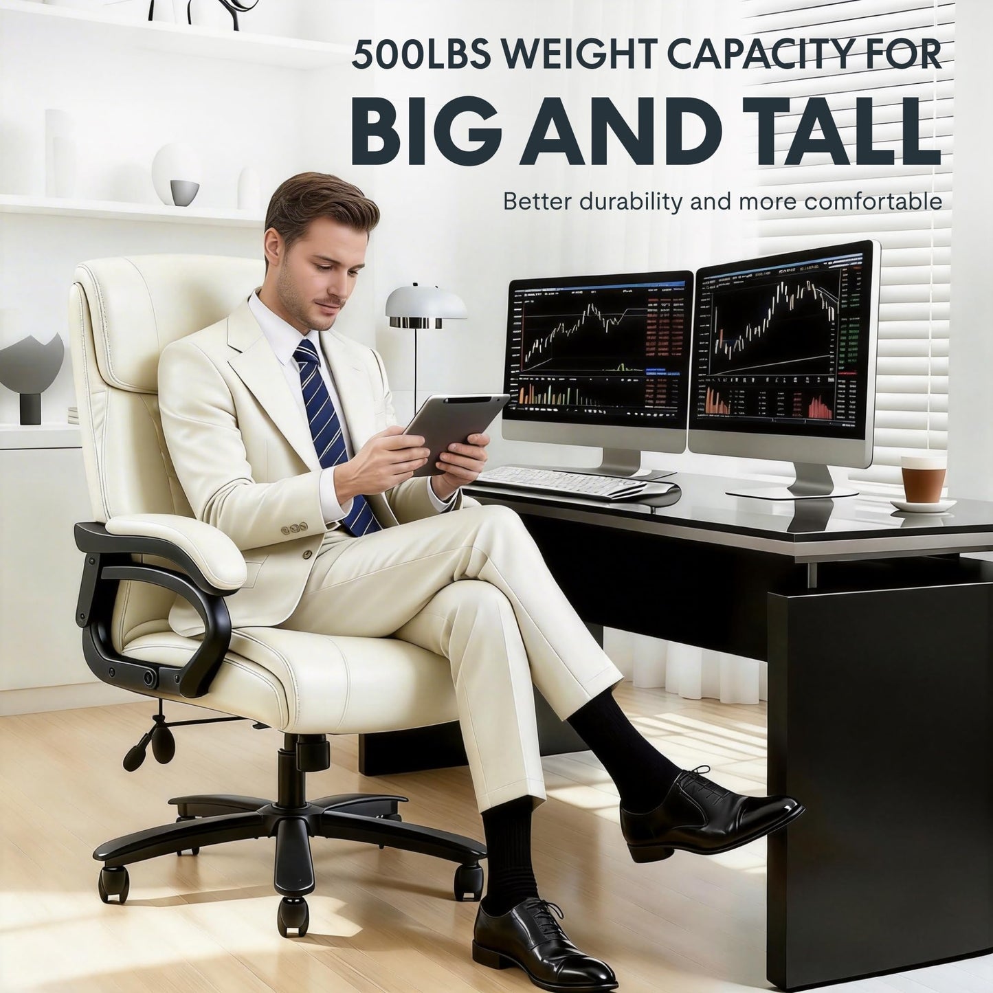 FLEXISPOT 500lbs Big and Tall Office Chair for Heavy People, Heavy Duty Computer Chair with Stable Arms Adjustable Lumbar Support Metal Base, Desk Chairs for Home Office Gaming Working, Leather, Beige