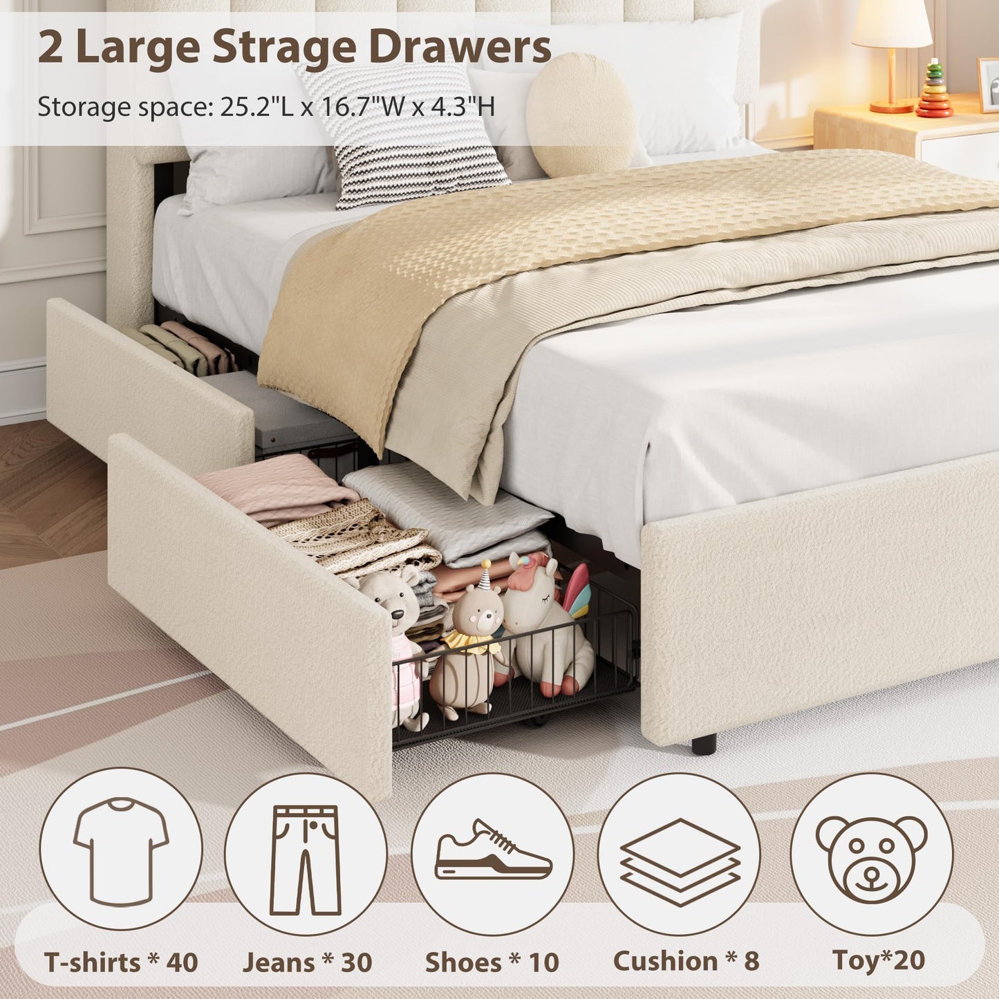 Garvee LED Full Size Bed Frame with Storage Headboard, Kids Bed Frame with 2 Drawers, Boucle Upholstered Platform Bed for Girls, Chic Wavy Headboard with Bookcase, No Box Spring Needed, White