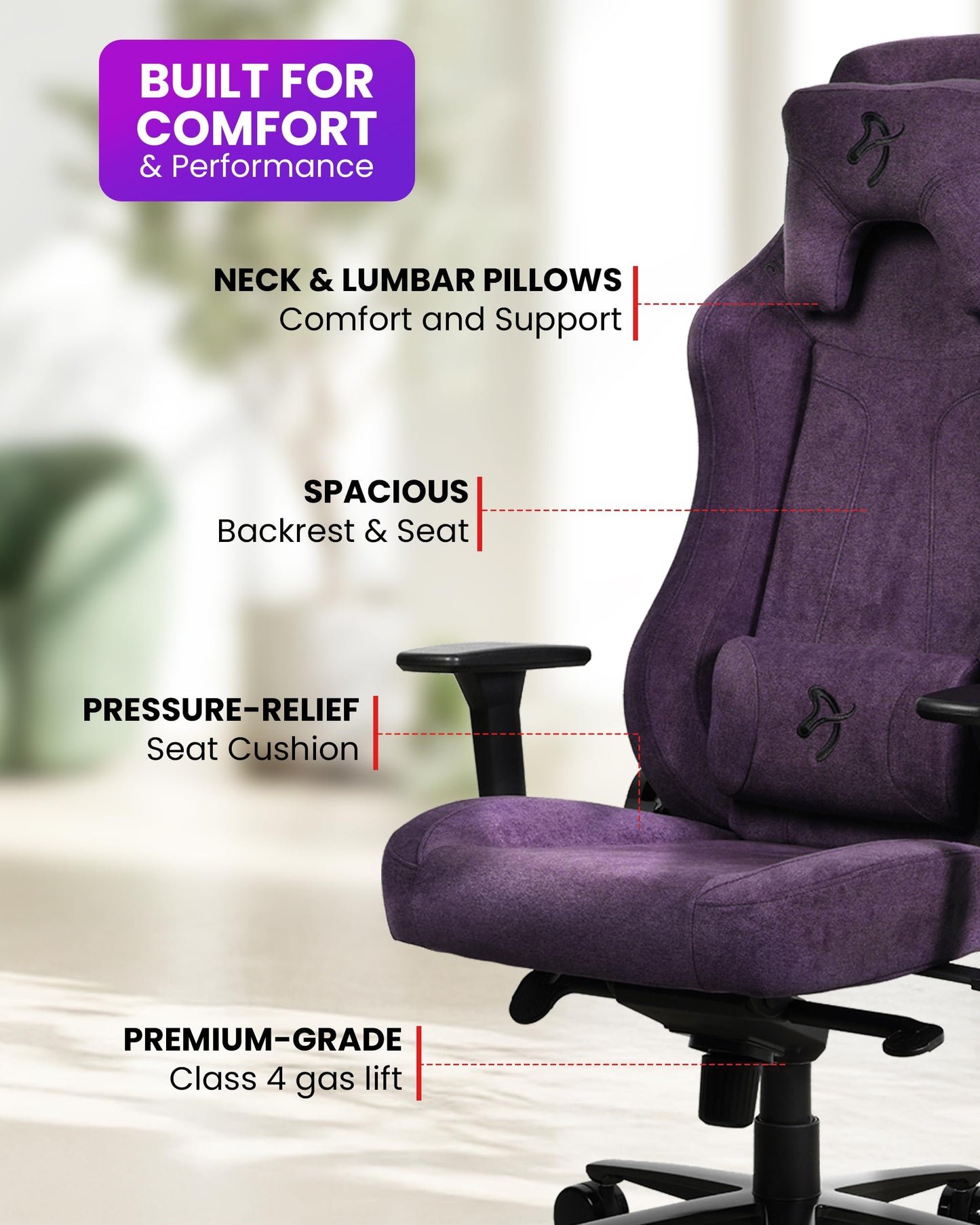 Arozzi Vernazza Gaming Chair - Soft Fabric Gaming Chairs for Adults Adjustable Height, Large Spacious Seat & Backrest with Support Pillows - Swedish Design Home Office Computer Chairs, Purple