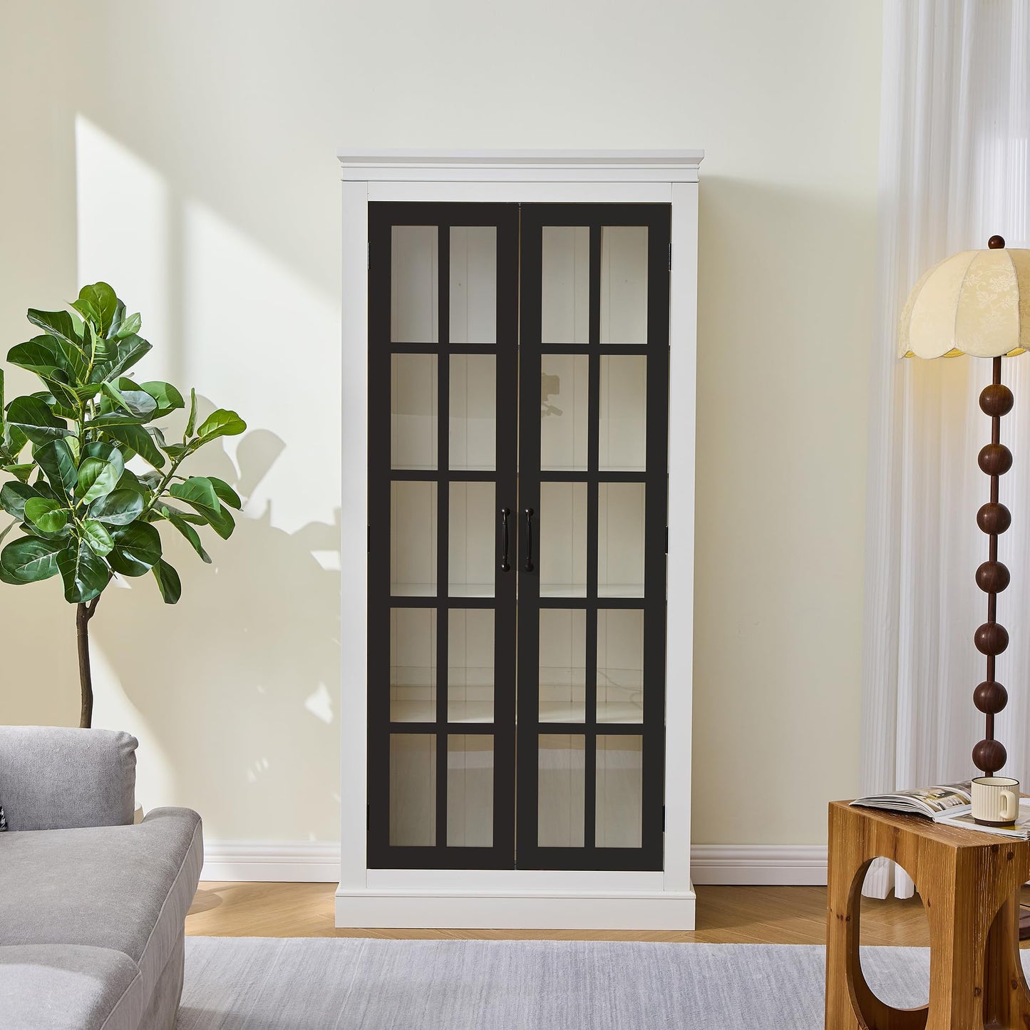 Ball & Cast 71.2" Tall Display Cabinet W/Glass Doors,Curio Cabinet W/Adjustable Shelves&Fixed Shelves for Collectibles,Trophies,Farmhouse Style Cabinets for Hallways,Living Room,Bedroom,White&Black