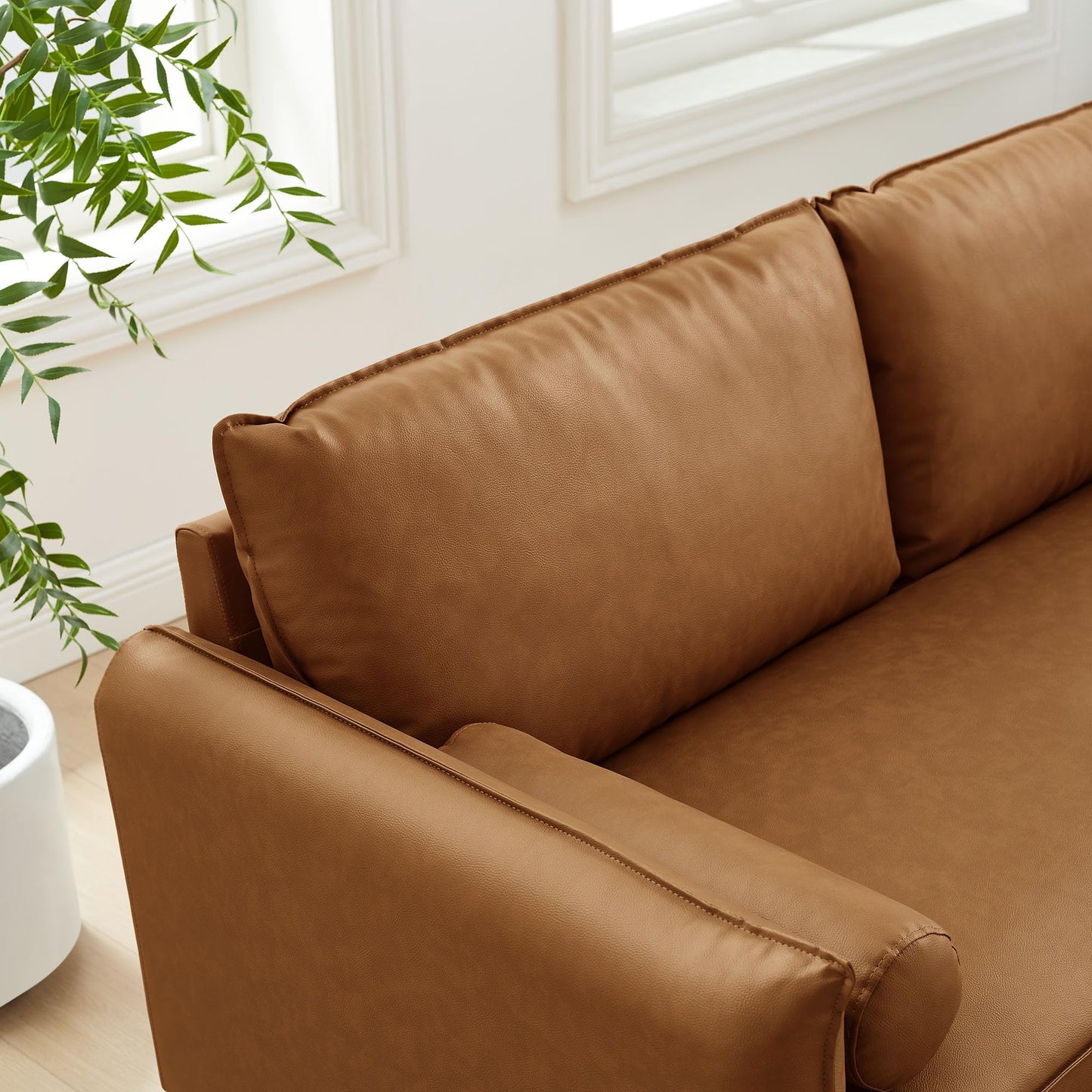 Modway Revive 72 Inch Faux Leather Sofa in Tan – 3 Seater PU Leather Couch with Cozy Wide Seats - Mid-Century Modern Upholstered Sofa for Living Room or Office