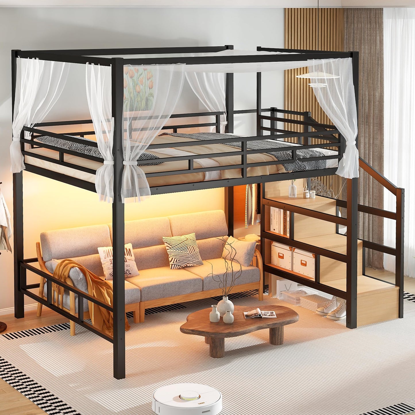 Bellemave Queen Size Loft Bed with Stairs and Wardrobe,Heavy Duty Metal Loft Bed Frame with Canopy for for Kids,Teens,Adults,Natural Wood