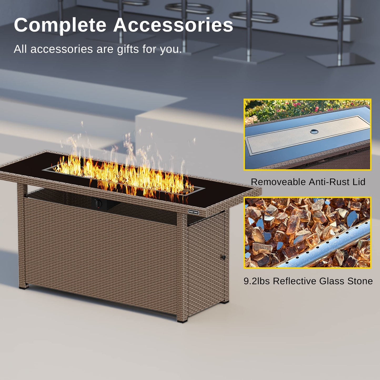 EAST OAK 57" Gas Fire Pit Table, 60,000 BTU Propane Fire Pit w/Large Tempered Glass Desktop, CSA Certified Outdoor Patio Fire Table with 9.2lb Glass Stone & Removable Lid, Chocolaty Coffee
