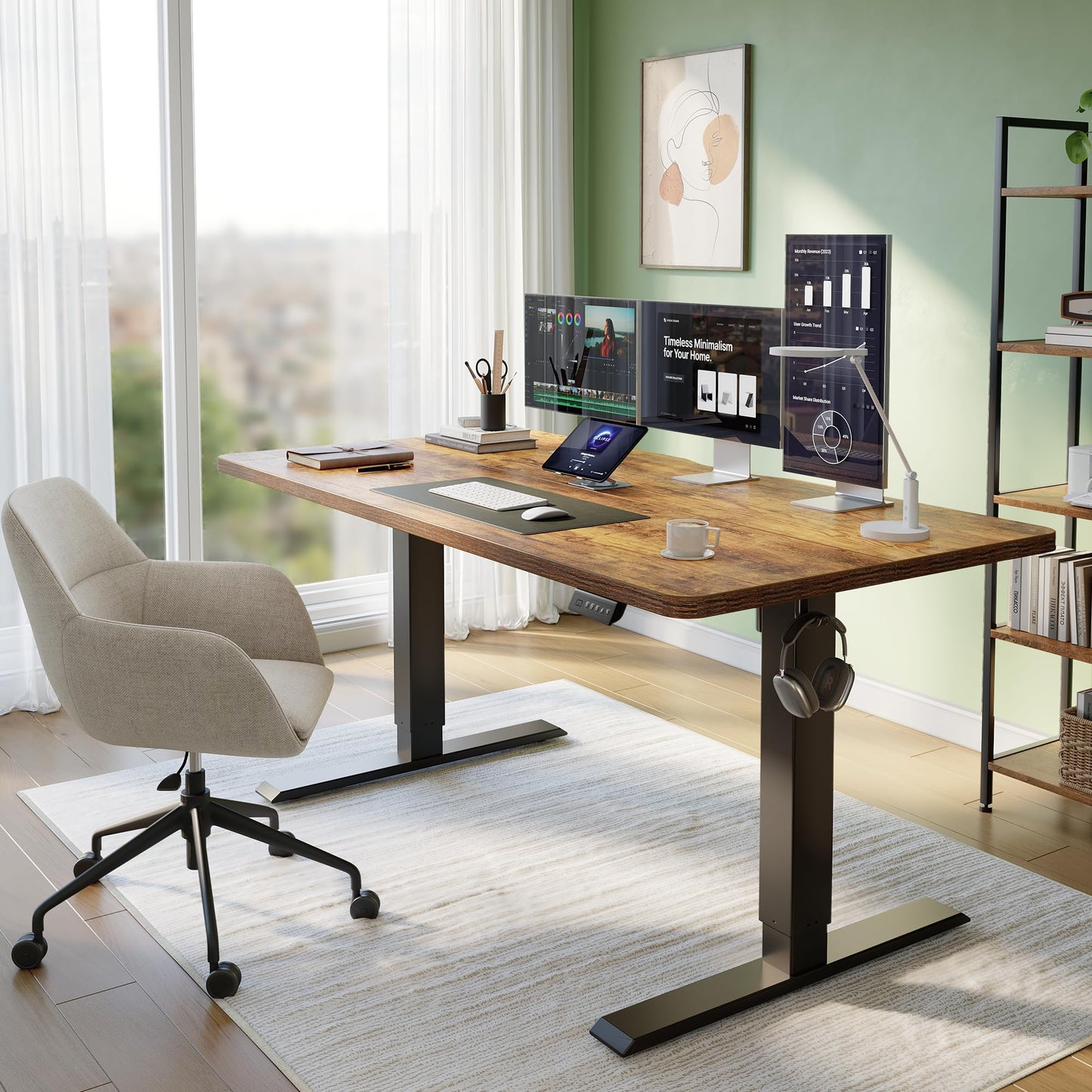 CubiCubi Standing Desk, 63 x 28 Inches Electric Height Adjustable Computer Desk, Sit Stand up Home Office Desk with Memory Presets, Rustic Brown