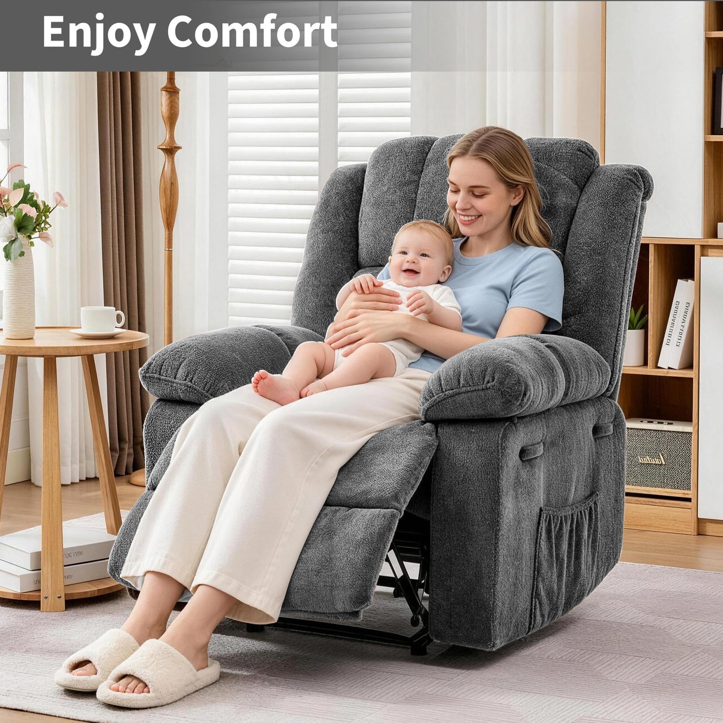 Oversized Recliner Chair for Adult,150°Recliner Chairs Ergonomic Nursery Chairs, Extra Wide Manual Recliners,Fabric Upholstery Soft Sofa Chair for Livingroom,Bedroom,Gray