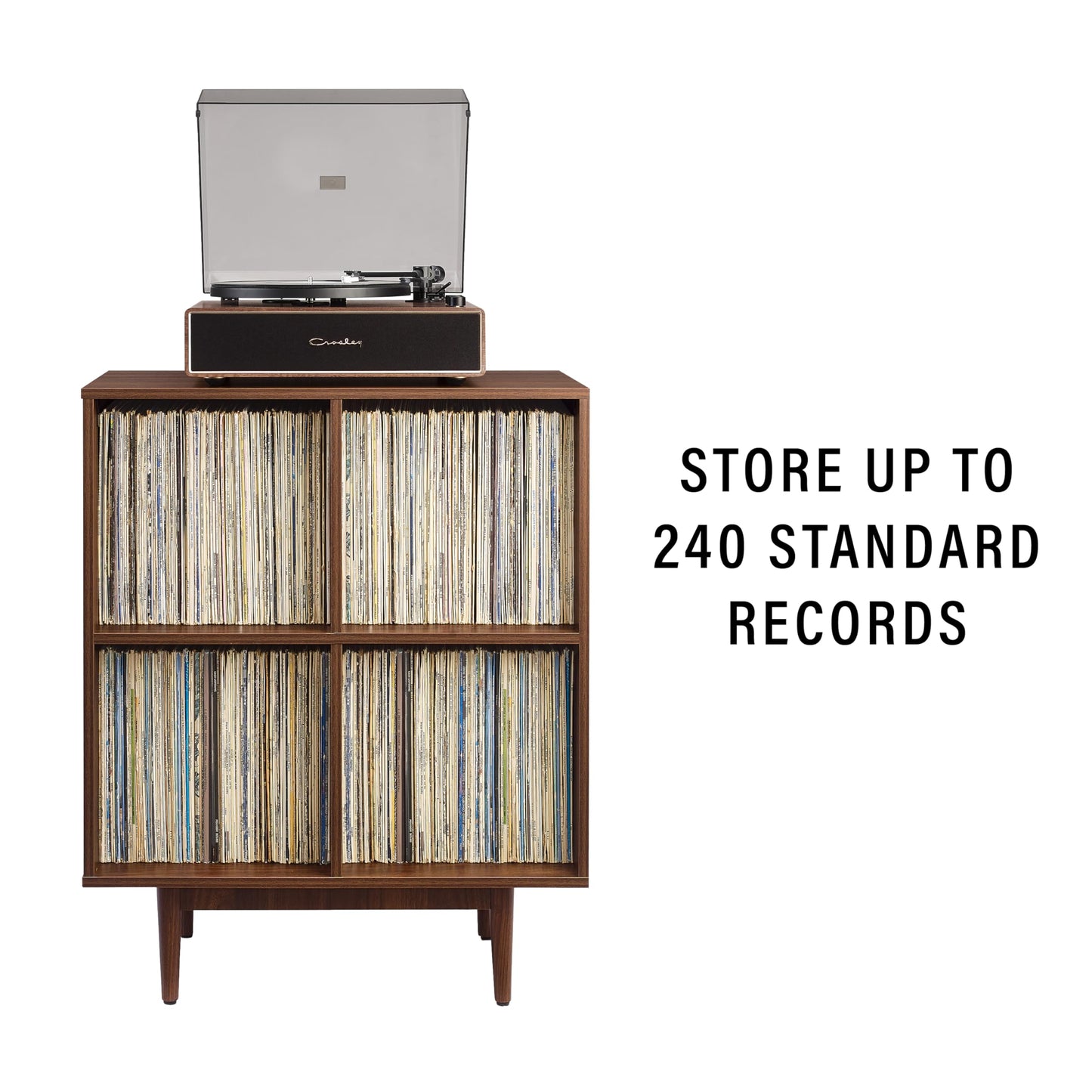 Crosley Furniture Liam Vinyl Record Storage 4 Cube Media Stand for Turntables, Mid-Century Modern Bookshelf, Walnut