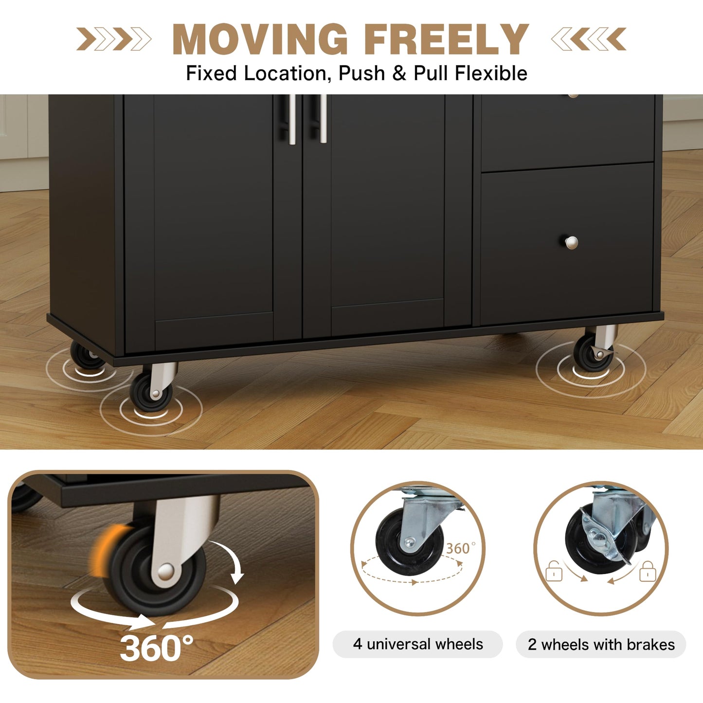 Shintenchi Kitchen Island with Folding Drop Leaf, Rolling Island Table with Storage, Kitchen Cabinet on Wheels with Seating Area for Kitchen, Bar Cart with Cabinet, Black