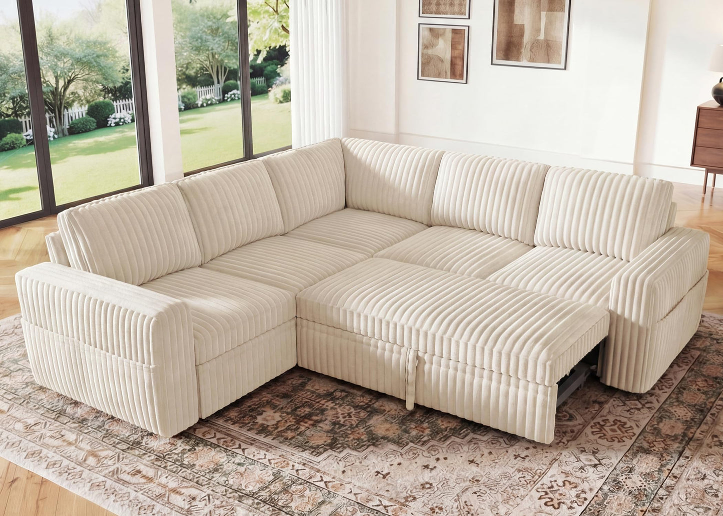 HONBAY Modular Sectional Sleeper Sofa with Pull Out Bed,Corduroy L Shaped Couch with Storage, Sectional Couches for Living Room,Beige