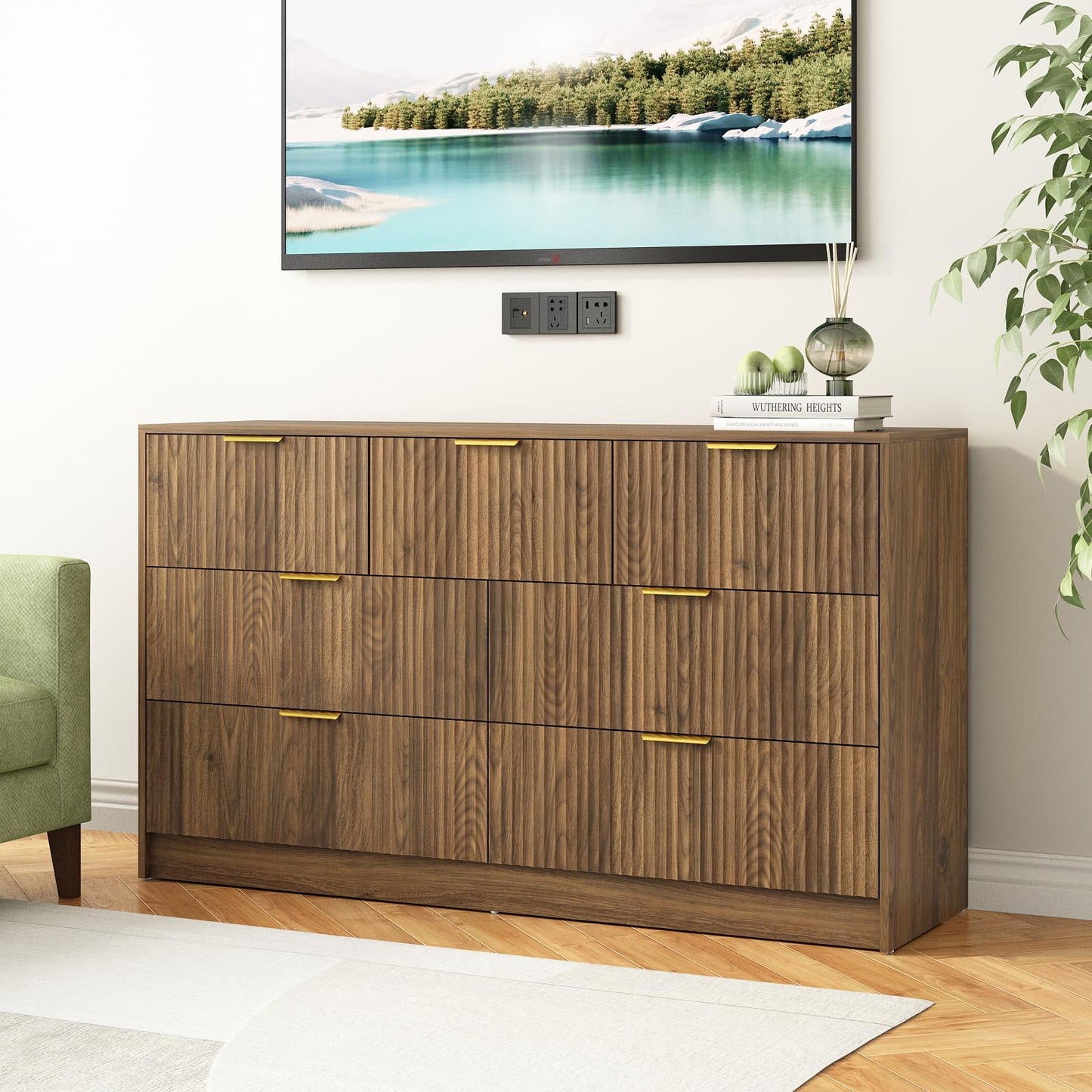 Sscaktu 7 Drawer Dresser and Nightstand Sets for Bedroom, 3 Pcs Bedroom Set，Night Stand Set of 2 & 7 Drawer Dresser with Gold Handles, Wood Chest of Drawers Mid Century Storage Cabinet Set, Natural