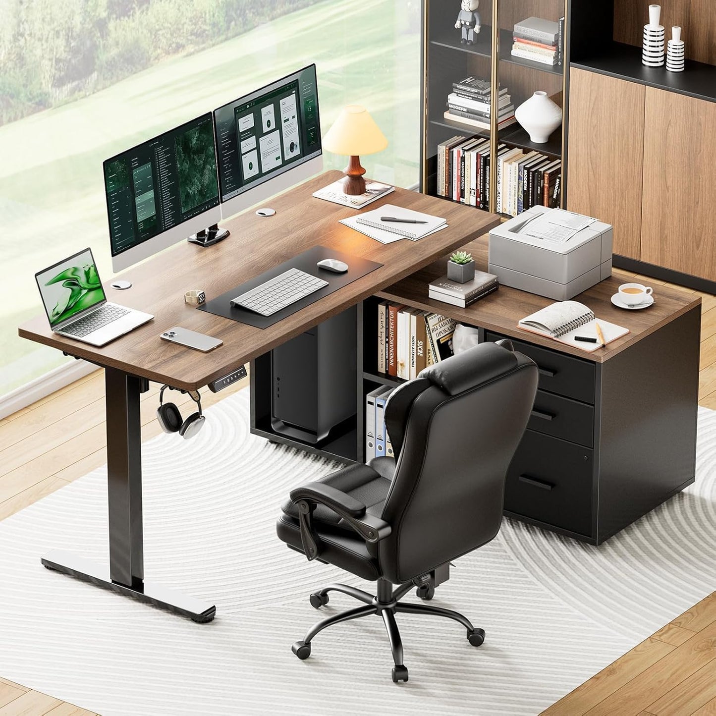 Marsail L-Shaped Executive Standing Desk with File Cabinet, 55" x 24" Electric Height Adjustable Stand up Desk, One-Whole Piece Desktop, Home Office Modern Computer Desk with 4 Memory Presets