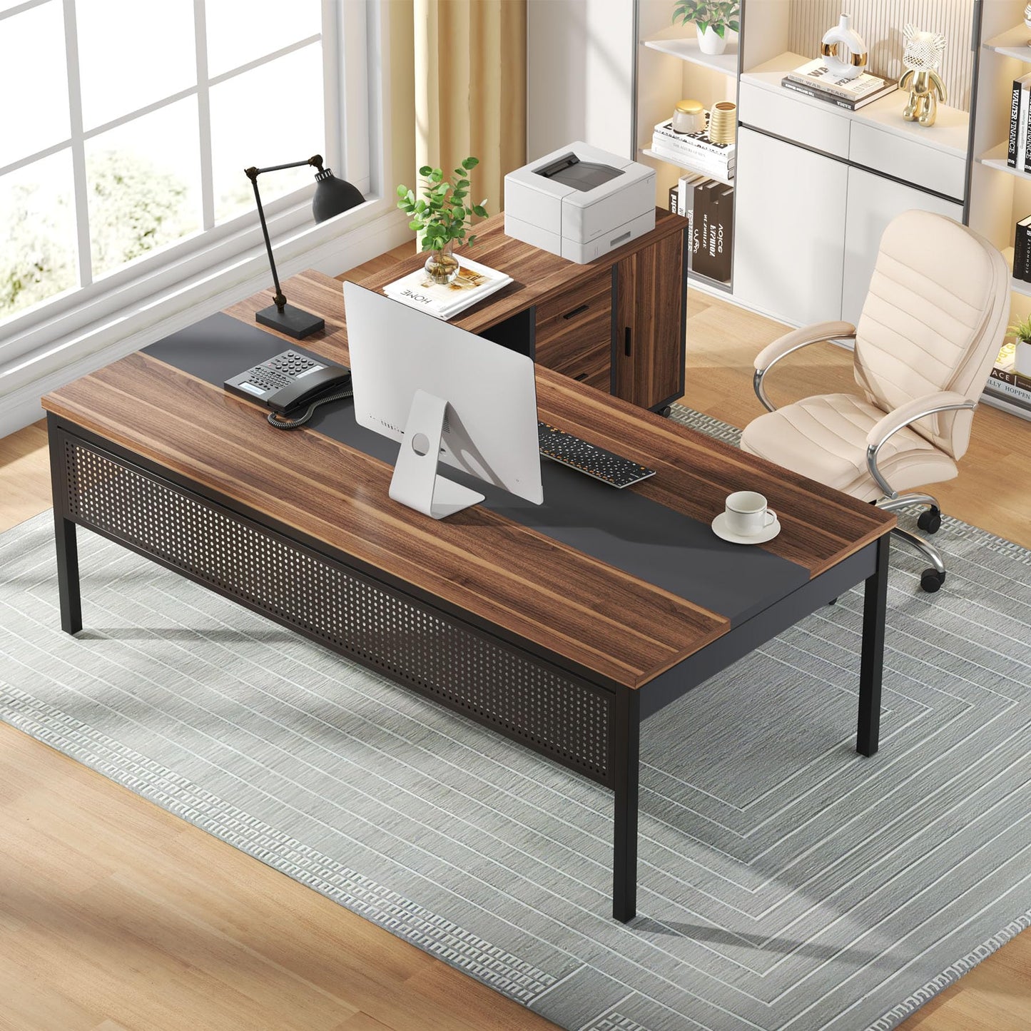 Tribesigns 71 Inch Executive Desk, L-Shaped Desk with Mobile File Cabinet, Executive Office Table with 2 Drawers and Storage Shelves, Business Furniture Workstation for Home Office, Walnut and Black